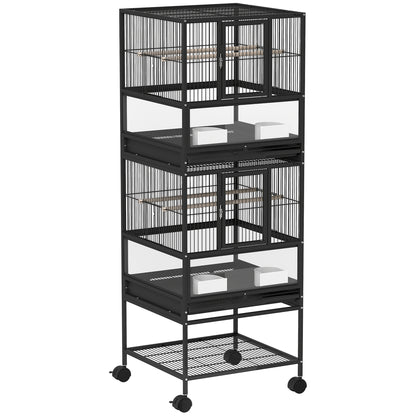 Bird Cage Large 2-Tier with Wheels Acrylic Panels Feeders Perches Shelf Removable Trays Birdcage for Parrots Canaries 48x46x134.5 cm Black