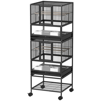 Bird Cage Large 2-Tier with Wheels Acrylic Panels Feeders Perches Shelf Removable Trays Birdcage for Parrots Canaries 48x46x134.5 cm Black