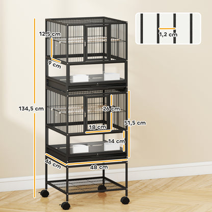 Bird Cage Large 2-Tier with Wheels Acrylic Panels Feeders Perches Shelf Removable Trays Birdcage for Parrots Canaries 48x46x134.5 cm Black