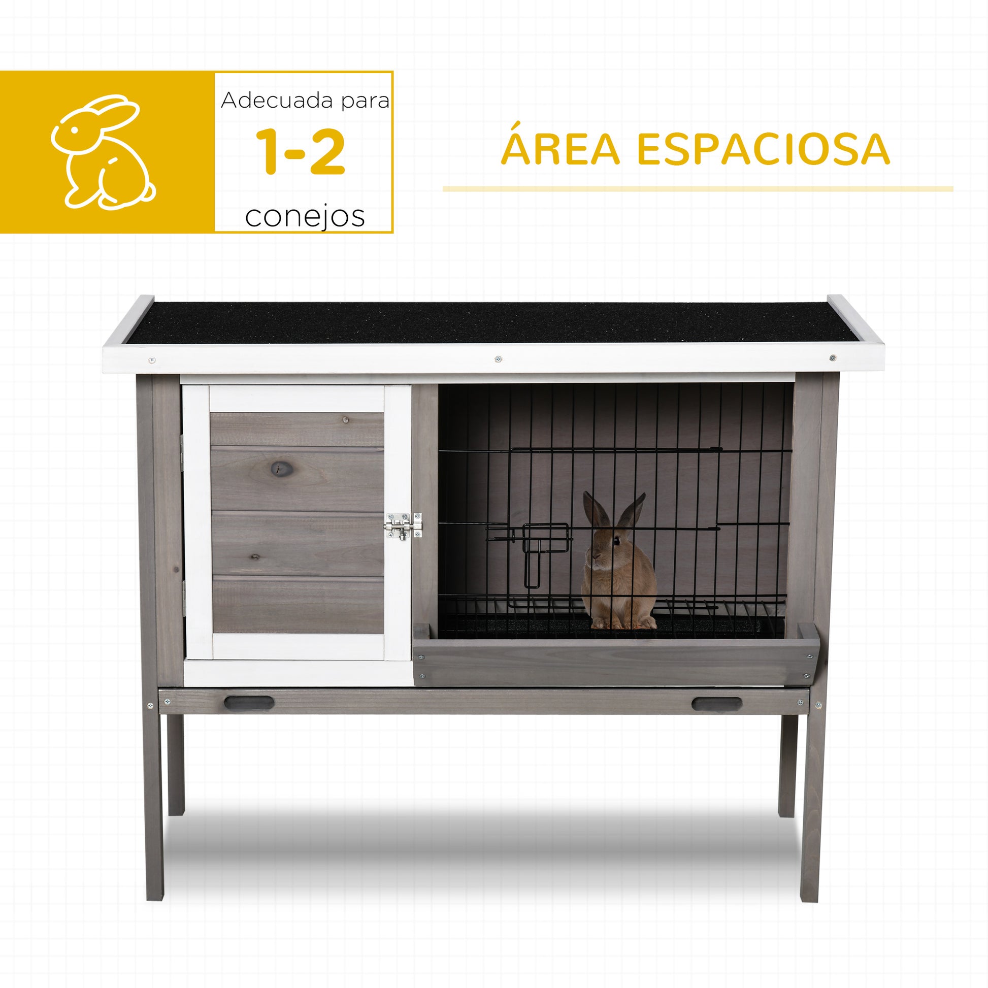 Outdoor Wooden Rabbit Hutch Elevated Cage for Rabbits Guinea Pigs Small Animals with Flip-Top Asphalt Roof Feeder Removable Trays and 2 Doors 91x46x71 cm Gray