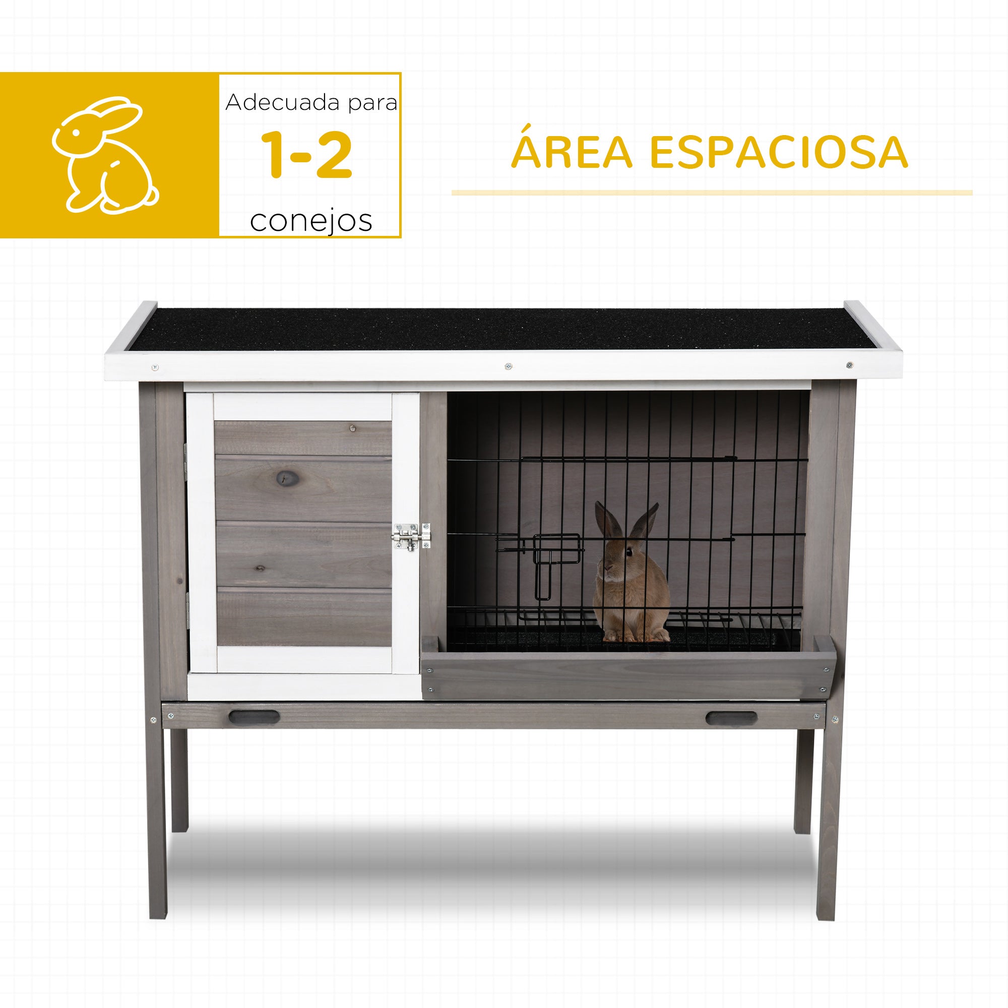 Outdoor Wooden Rabbit Hutch Elevated Cage for Rabbits Guinea Pigs Small Animals with Flip-Top Asphalt Roof Feeder Removable Trays and 2 Doors 91x46x71 cm Gray