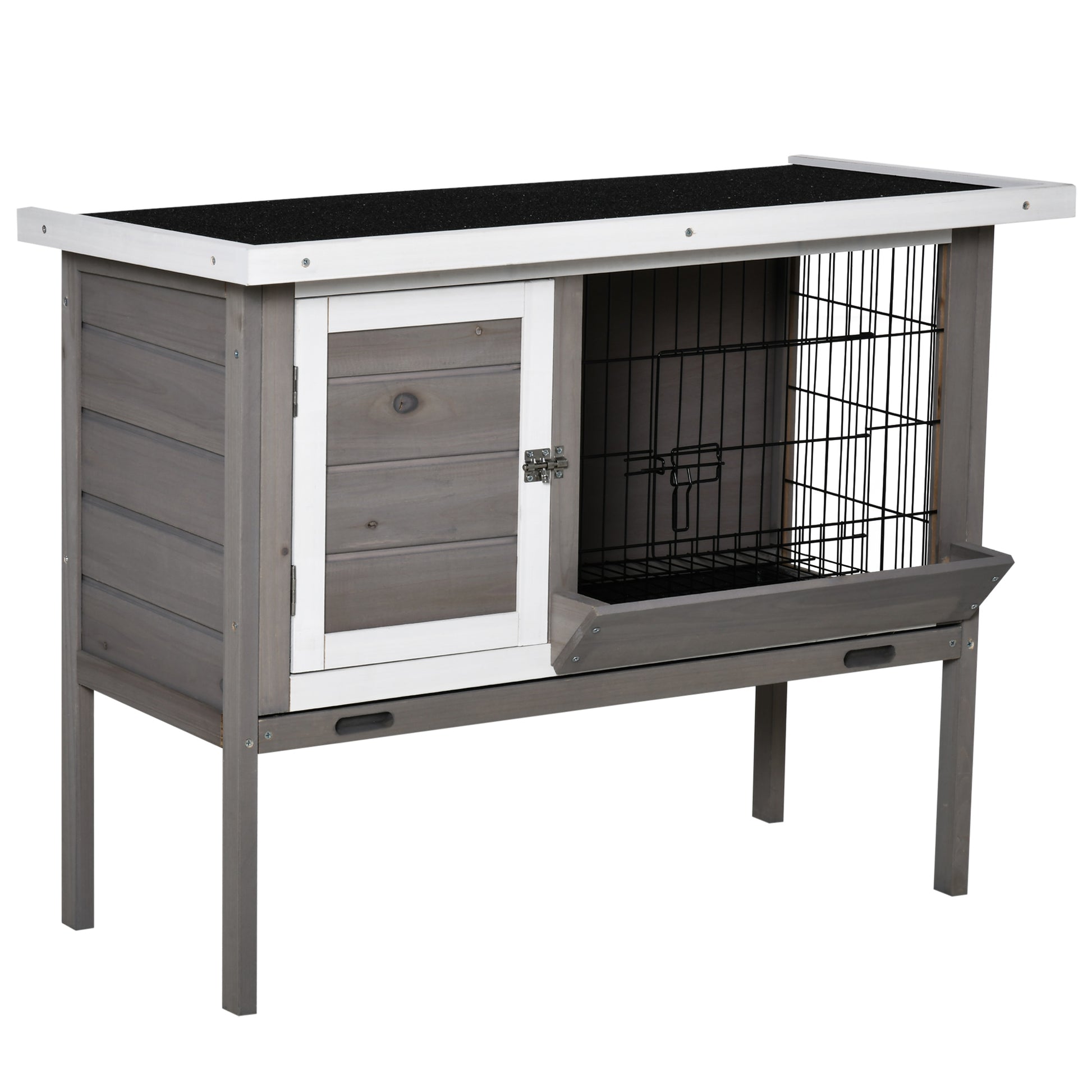 Outdoor Wooden Rabbit Hutch Elevated Cage for Rabbits Guinea Pigs Small Animals with Flip-Top Asphalt Roof Feeder Removable Trays and 2 Doors 91x46x71 cm Gray