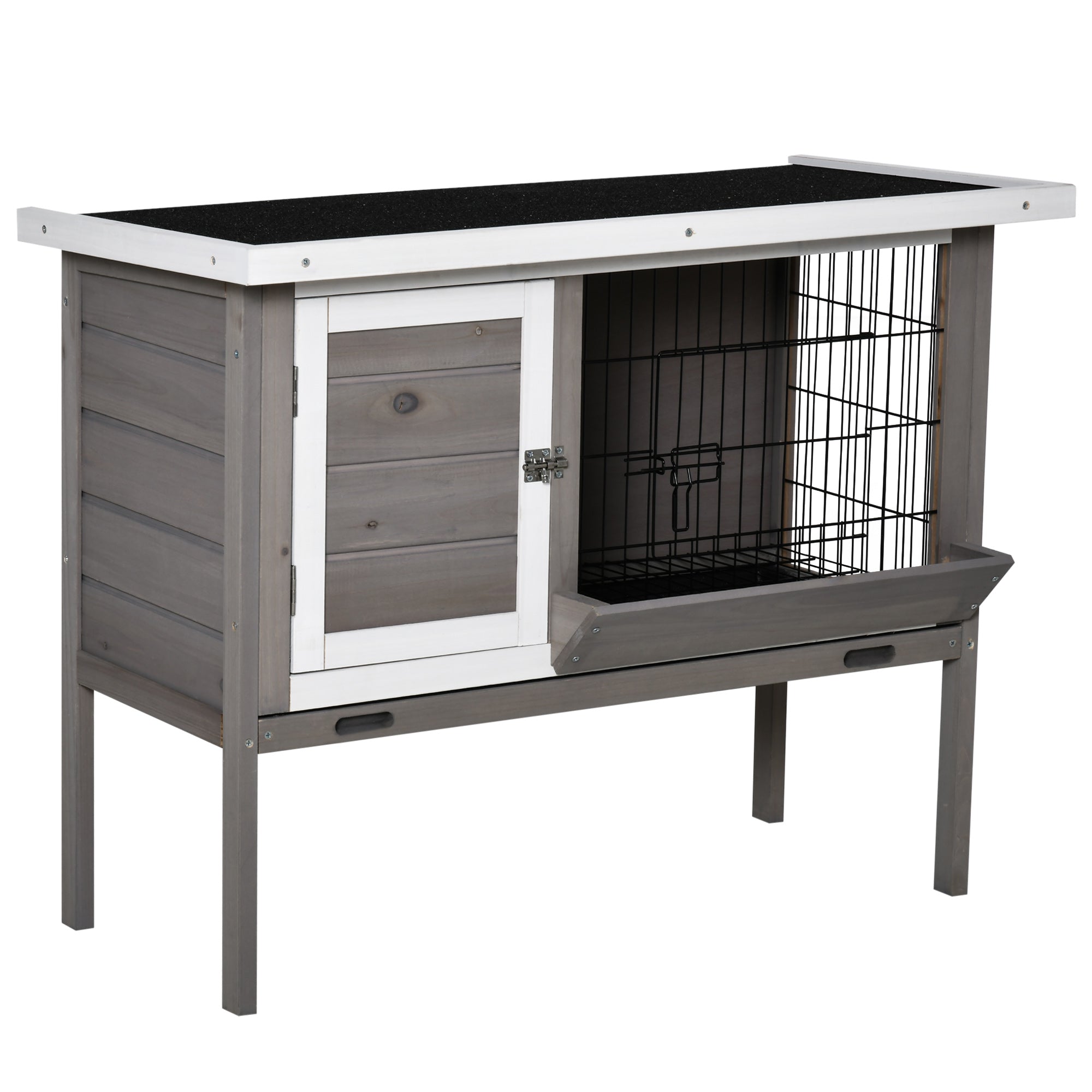 Outdoor Wooden Rabbit Hutch Elevated Cage for Rabbits Guinea Pigs Small Animals with Flip-Top Asphalt Roof Feeder Removable Trays and 2 Doors 91x46x71 cm Gray