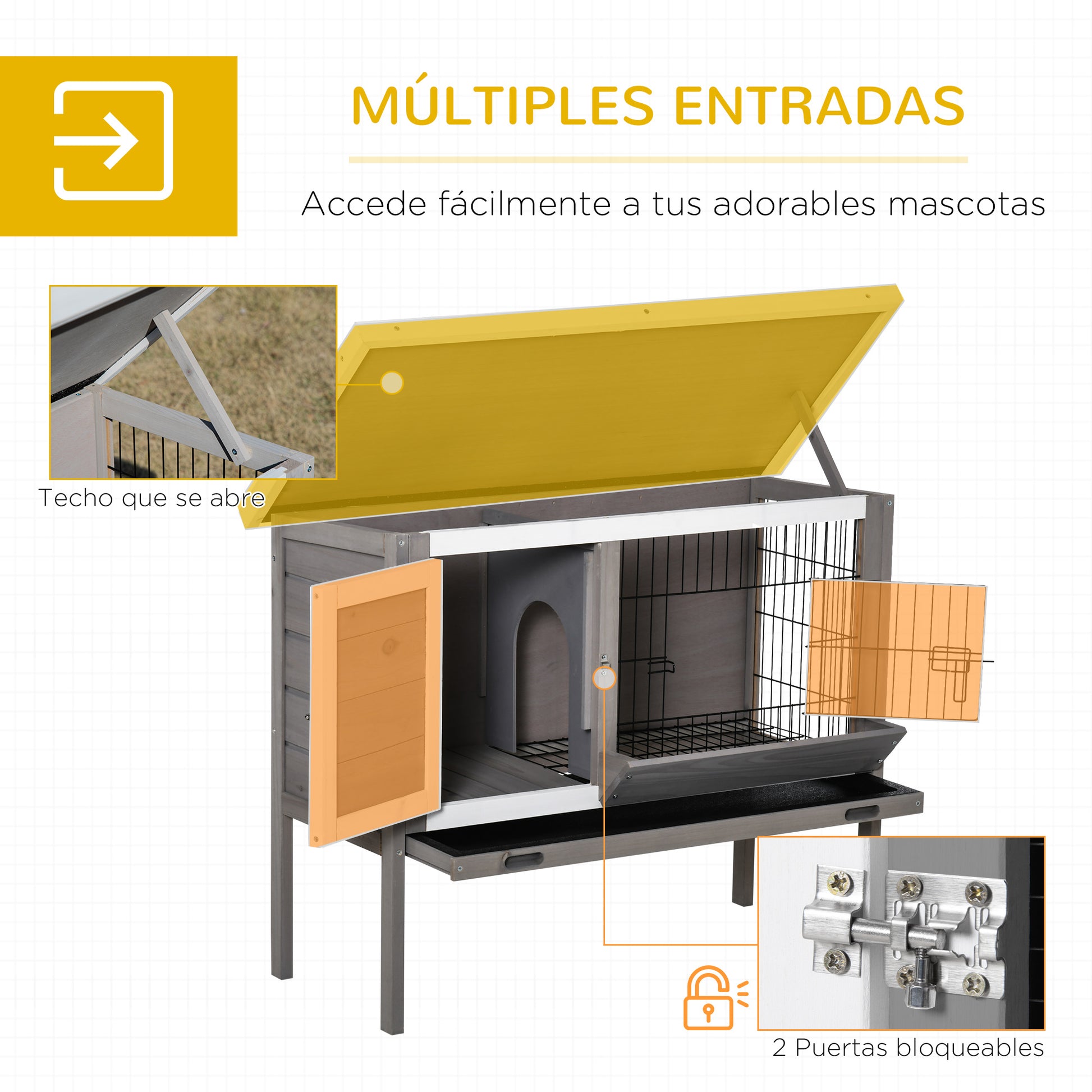 Outdoor Wooden Rabbit Hutch Elevated Cage for Rabbits Guinea Pigs Small Animals with Flip-Top Asphalt Roof Feeder Removable Trays and 2 Doors 91x46x71 cm Gray