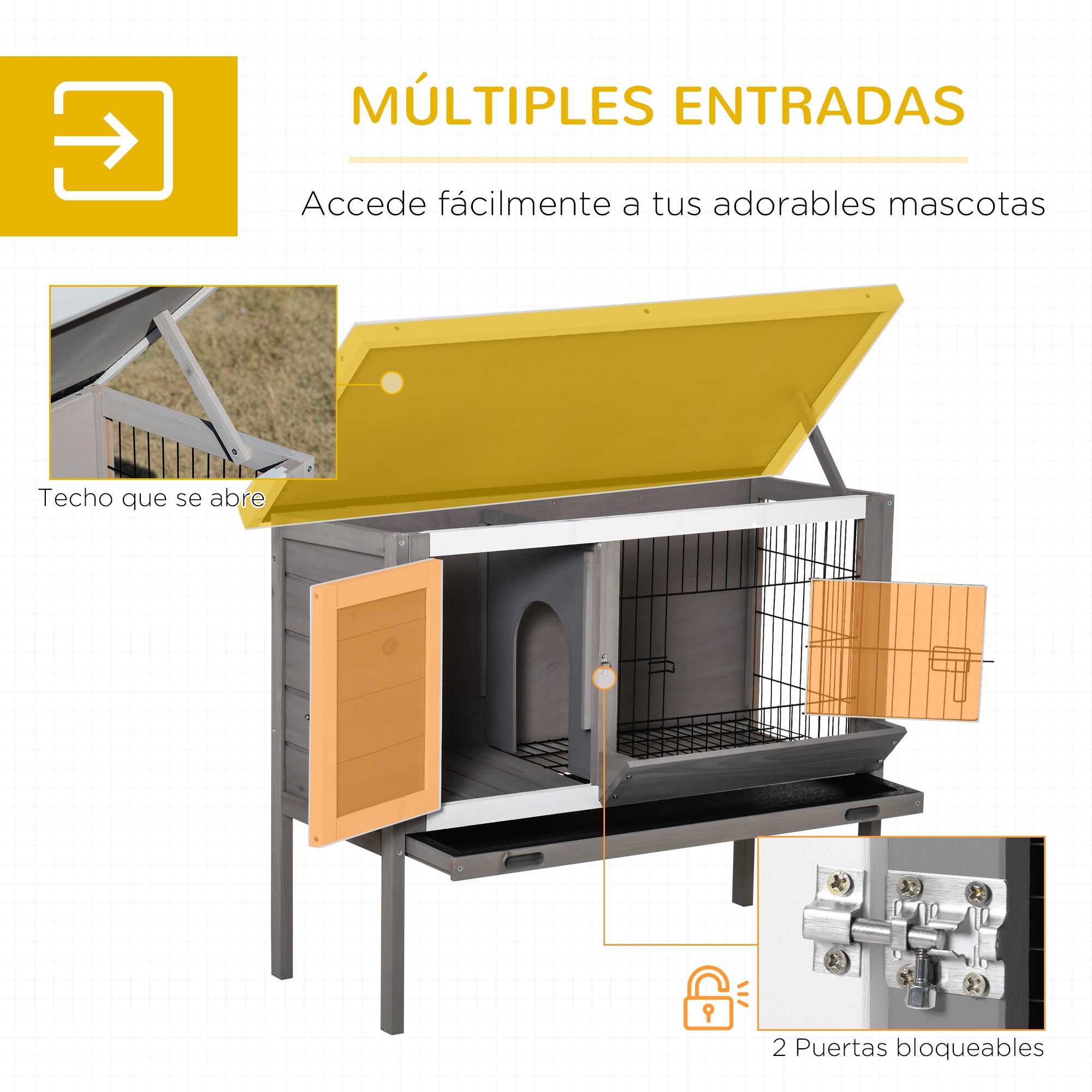 Outdoor Wooden Rabbit Hutch Elevated Cage for Rabbits Guinea Pigs Small Animals with Flip-Top Asphalt Roof Feeder Removable Trays and 2 Doors 91x46x71 cm Gray