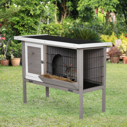 Outdoor Wooden Rabbit Hutch Elevated Cage for Rabbits Guinea Pigs Small Animals with Flip-Top Asphalt Roof Feeder Removable Trays and 2 Doors 91x46x71 cm Gray