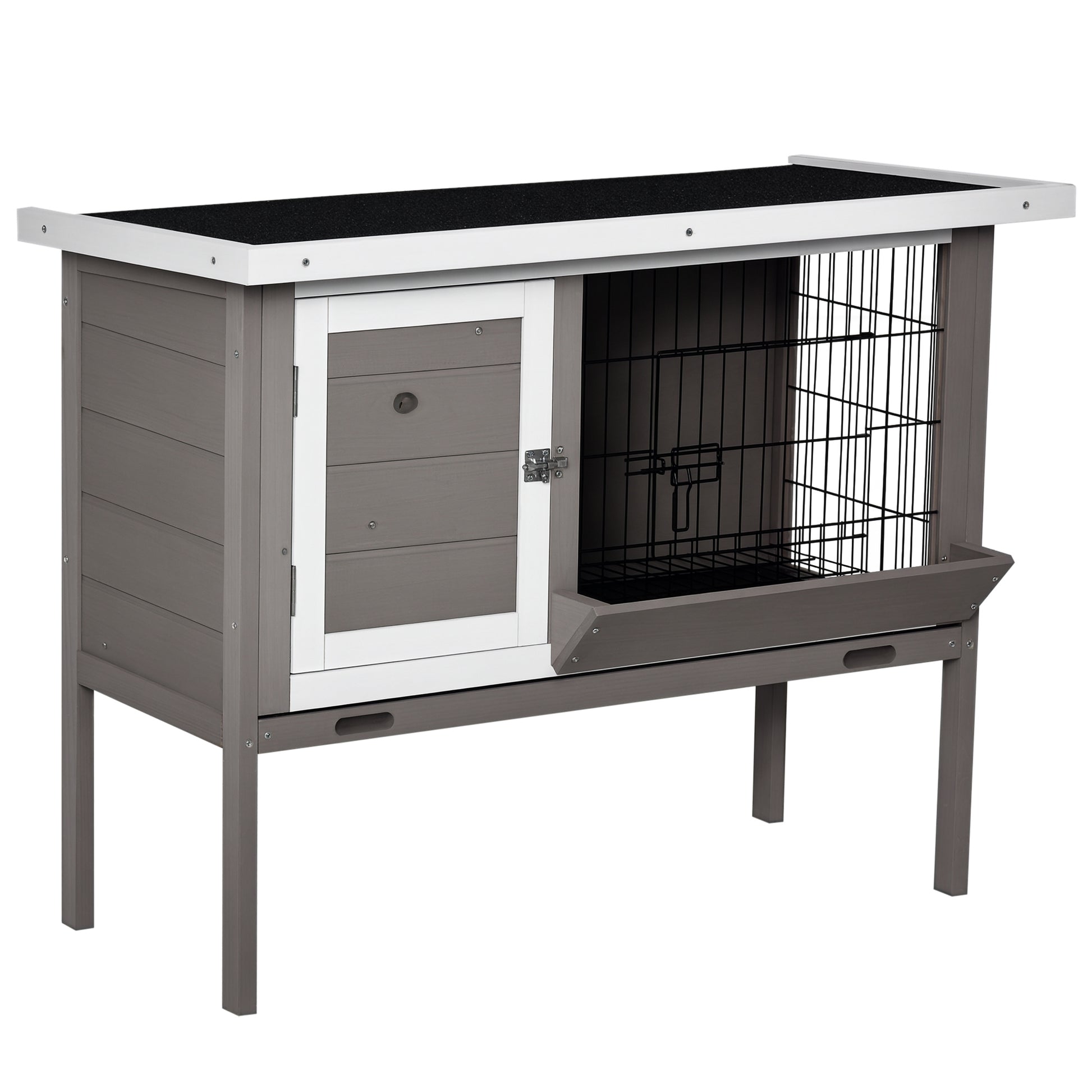 Outdoor Wooden Rabbit Hutch Elevated Cage for Rabbits Guinea Pigs Small Animals with Flip-Top Asphalt Roof Feeder Removable Trays and 2 Doors 91x46x71 cm Gray