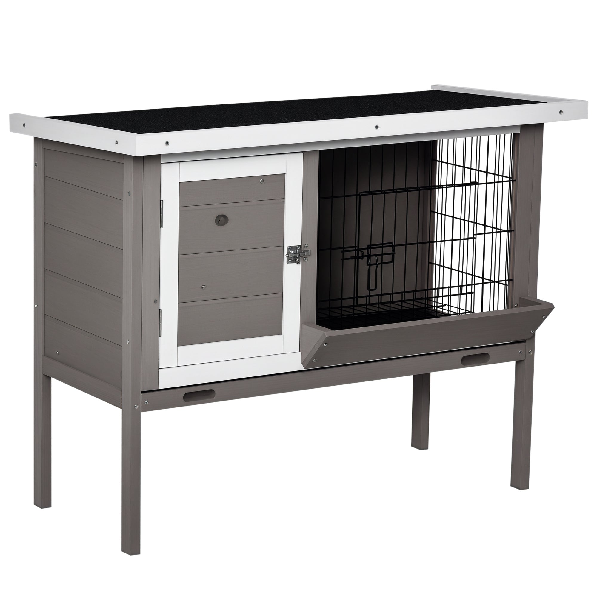 Outdoor Wooden Rabbit Hutch Elevated Cage for Rabbits Guinea Pigs Small Animals with Flip-Top Asphalt Roof Feeder Removable Trays and 2 Doors 91x46x71 cm Gray