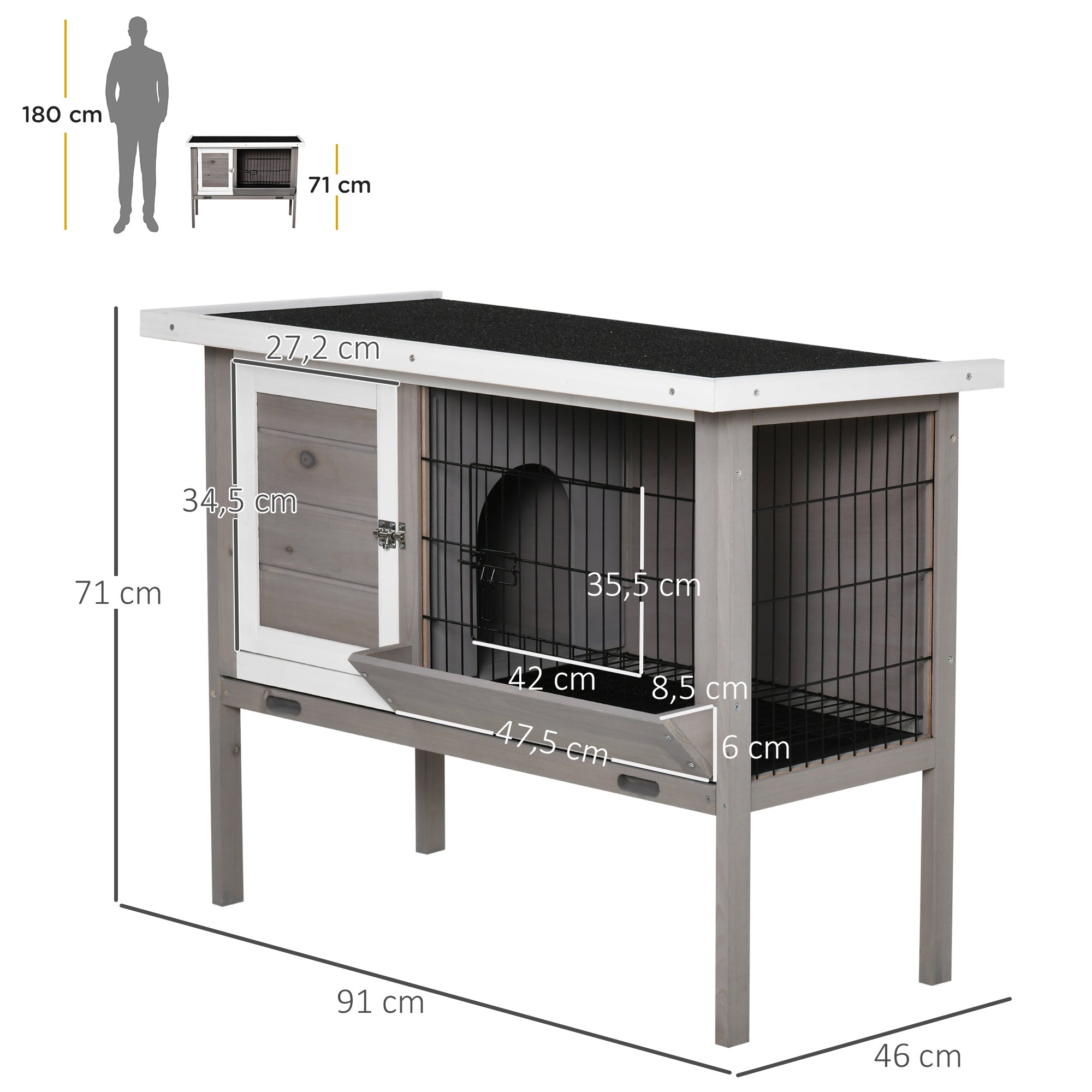 Outdoor Wooden Rabbit Hutch Elevated Cage for Rabbits Guinea Pigs Small Animals with Flip-Top Asphalt Roof Feeder Removable Trays and 2 Doors 91x46x71 cm Gray