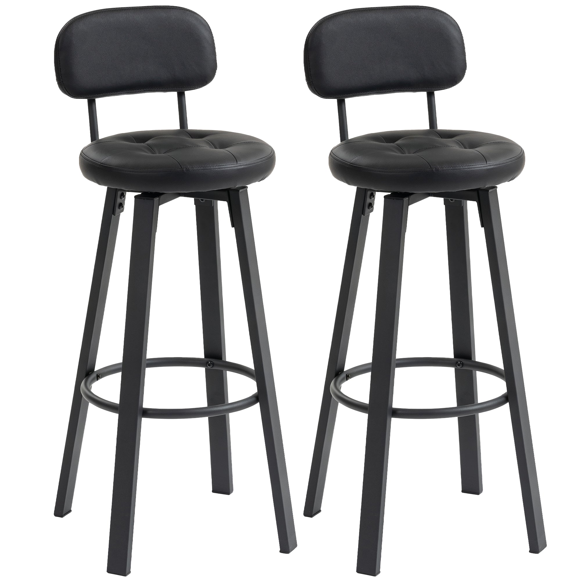 2-Pack Swivel Faux Leather Bar Stools with Backrest & Footrest, 30.1 in Seat Height, Black