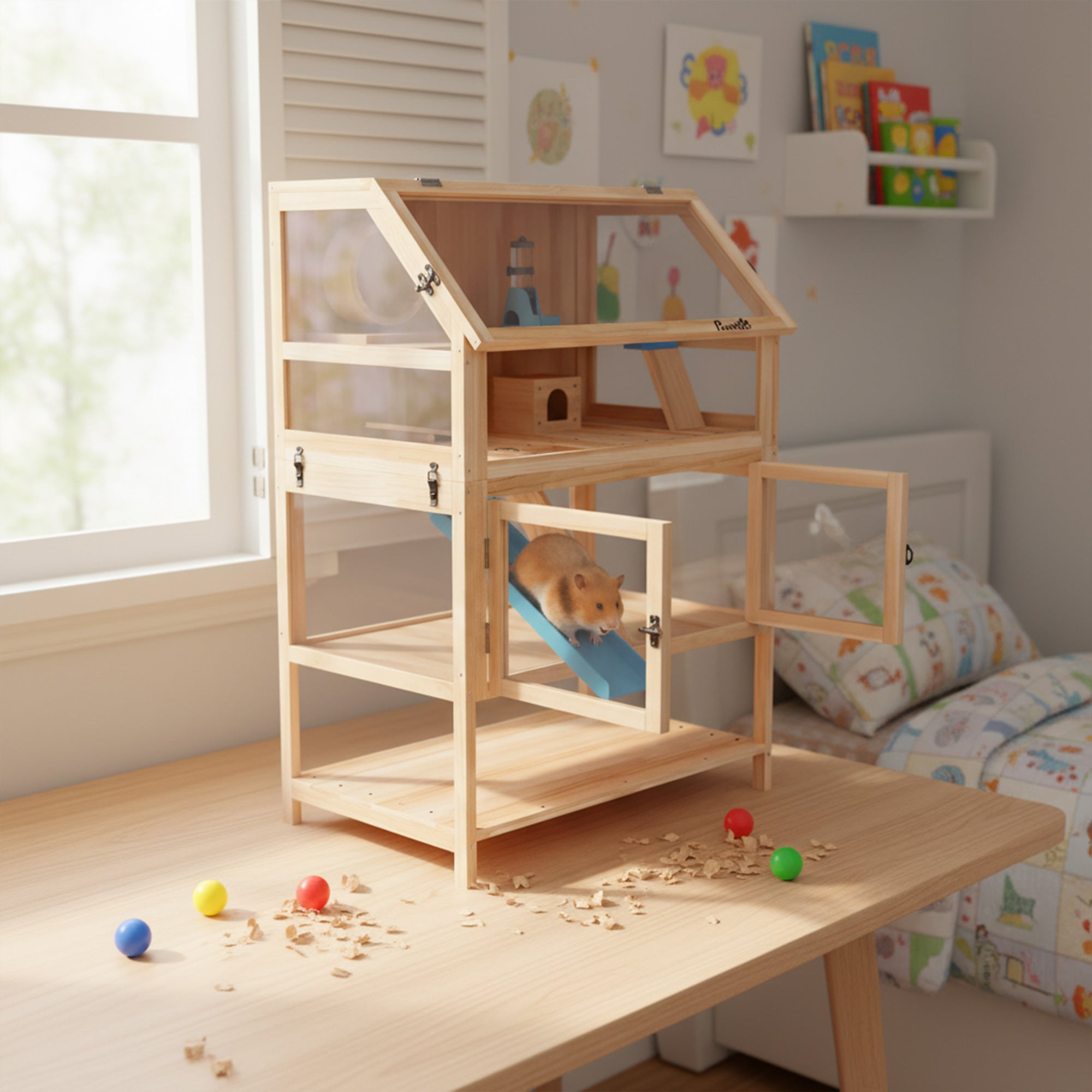 3-Level Wooden Hamster Cage, 31.5 x 20.9 x 46.1 in (80 x 53 x 117 cm) — Small Animal Cage with Removable Base, Storage Shelf, Silent Wheel, Ramps, Water Bottle & House — Natural Wood