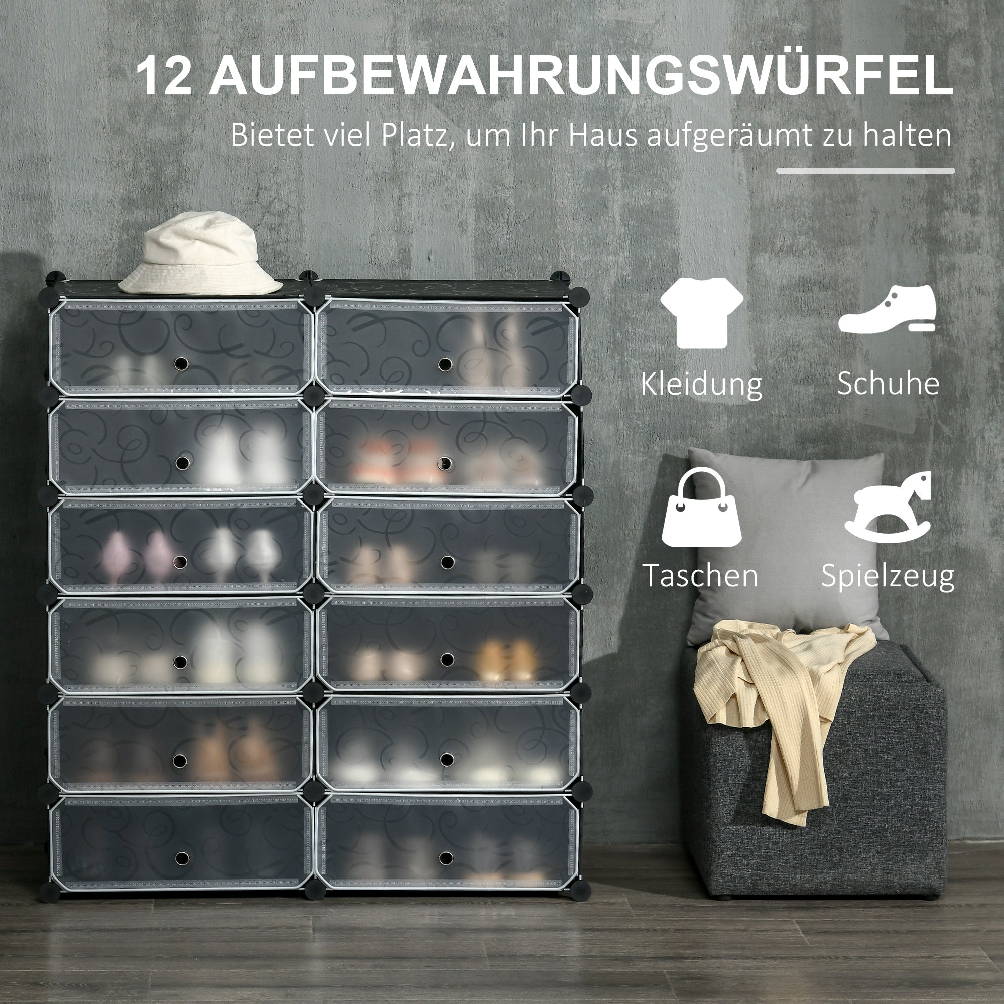Shoe Cabinet with 12 Compartments Modular Rack for 12 Pairs of Shoes DIY Shoe Storage for Hallway Black 49 x 37 x 108 cm