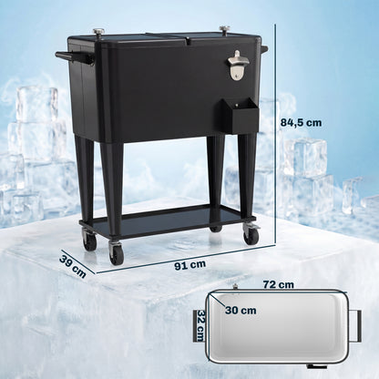 76-Liter Cooler Cart with Shelf, Drain, Wheels, Steel Bottle Opener & Cap Catcher — Black Outdoor Cooler