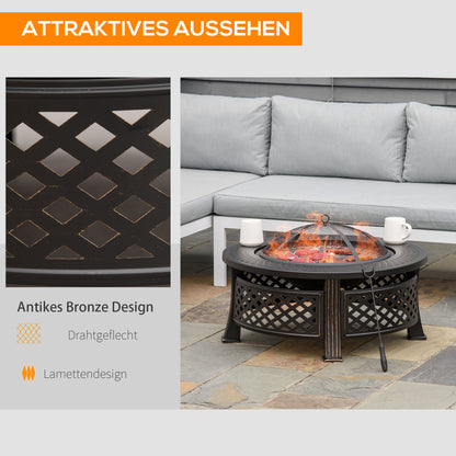 Fire Pit with Poker Spark Guard Fire Basket Fire Table Round Fire Pit for Garden Camping BBQ Steel Black 81 x 81 x 50 cm