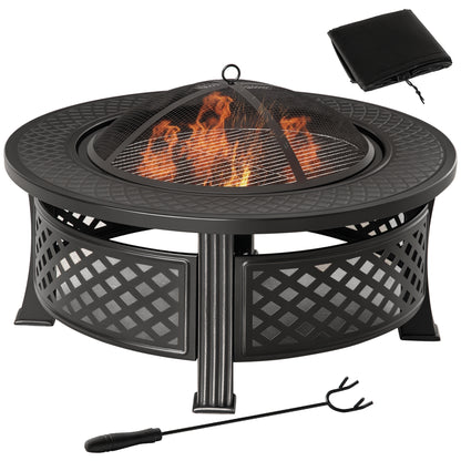 Fire Pit with Poker Spark Guard Fire Basket Fire Table Round Fire Pit for Garden Camping BBQ Steel Black 81 x 81 x 50 cm