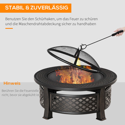 Fire Pit with Poker Spark Guard Fire Basket Fire Table Round Fire Pit for Garden Camping BBQ Steel Black 81 x 81 x 50 cm