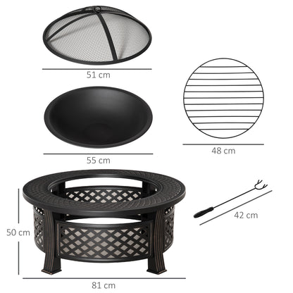 Fire Pit with Poker Spark Guard Fire Basket Fire Table Round Fire Pit for Garden Camping BBQ Steel Black 81 x 81 x 50 cm
