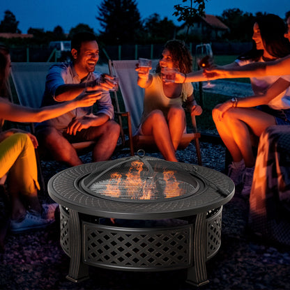 Fire Pit with Poker Spark Guard Fire Basket Fire Table Round Fire Pit for Garden Camping BBQ Steel Black 81 x 81 x 50 cm