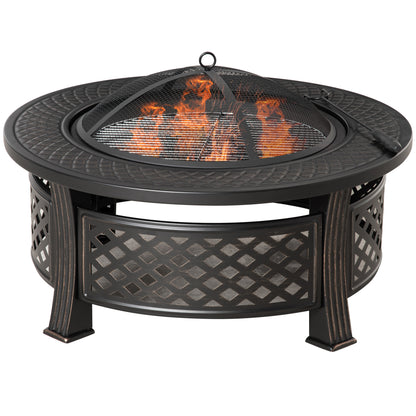 Fire Pit with Poker Spark Guard Fire Basket Fire Table Round Fire Pit for Garden Camping BBQ Steel Black 81 x 81 x 50 cm