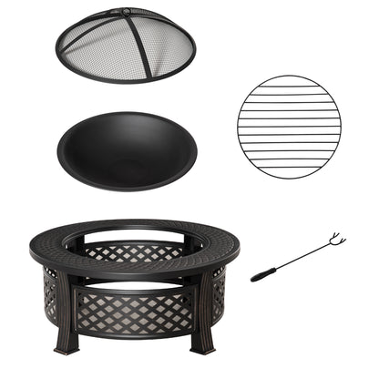 Fire Pit with Poker Spark Guard Fire Basket Fire Table Round Fire Pit for Garden Camping BBQ Steel Black 81 x 81 x 50 cm