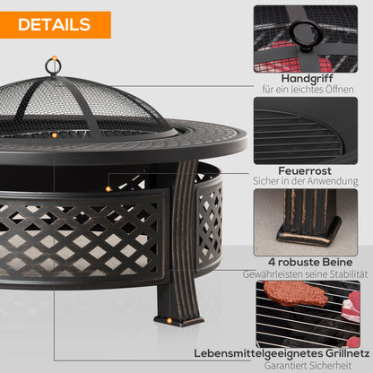 Fire Pit with Poker Spark Guard Fire Basket Fire Table Round Fire Pit for Garden Camping BBQ Steel Black 81 x 81 x 50 cm