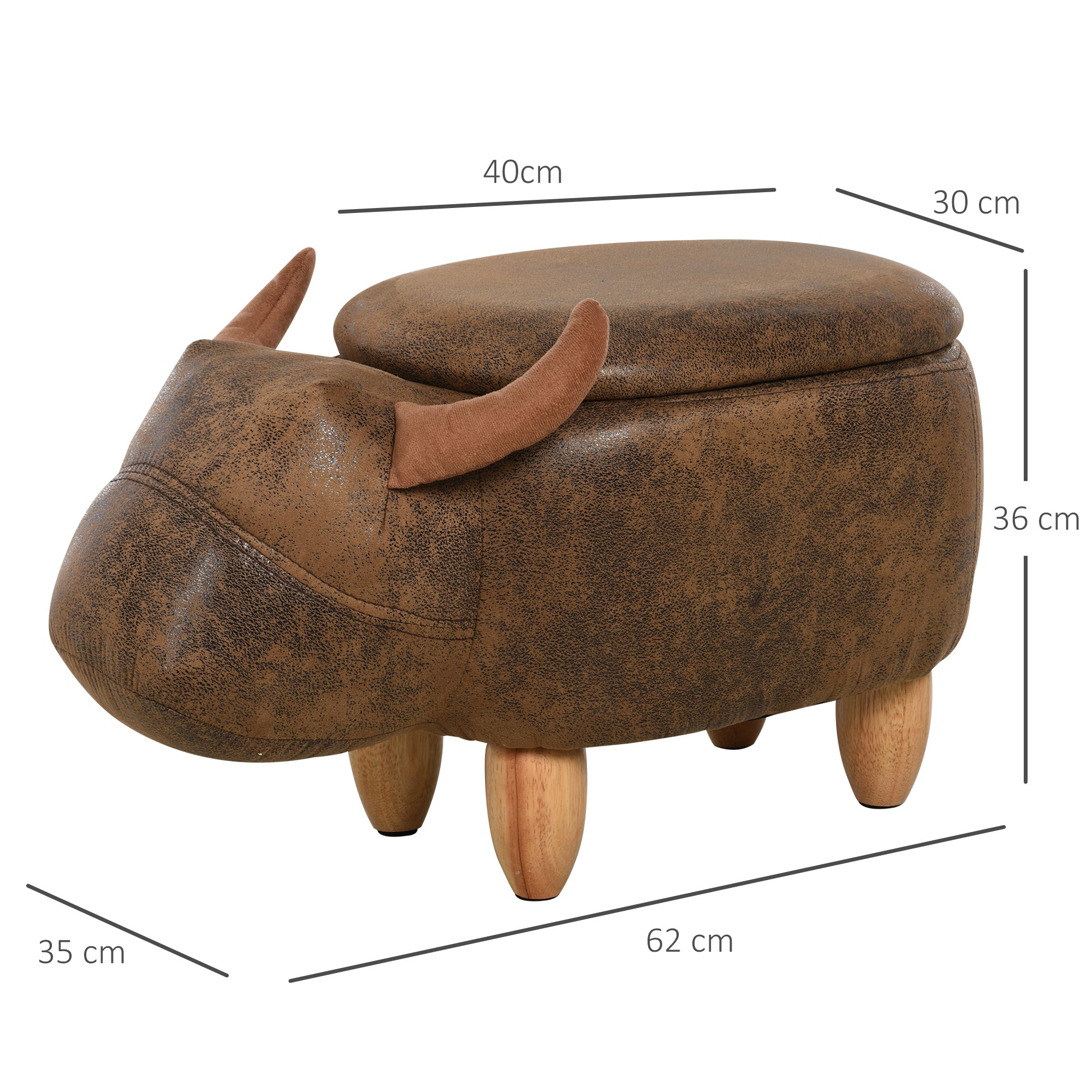 Buffalo-Shaped Storage Ottoman, Modern Footstool for Living Room, Upholstered Seat, Wooden Frame, 62x35x36cm, Brown