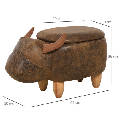 Buffalo-Shaped Storage Ottoman, Modern Footstool for Living Room, Upholstered Seat, Wooden Frame, 62x35x36cm, Brown