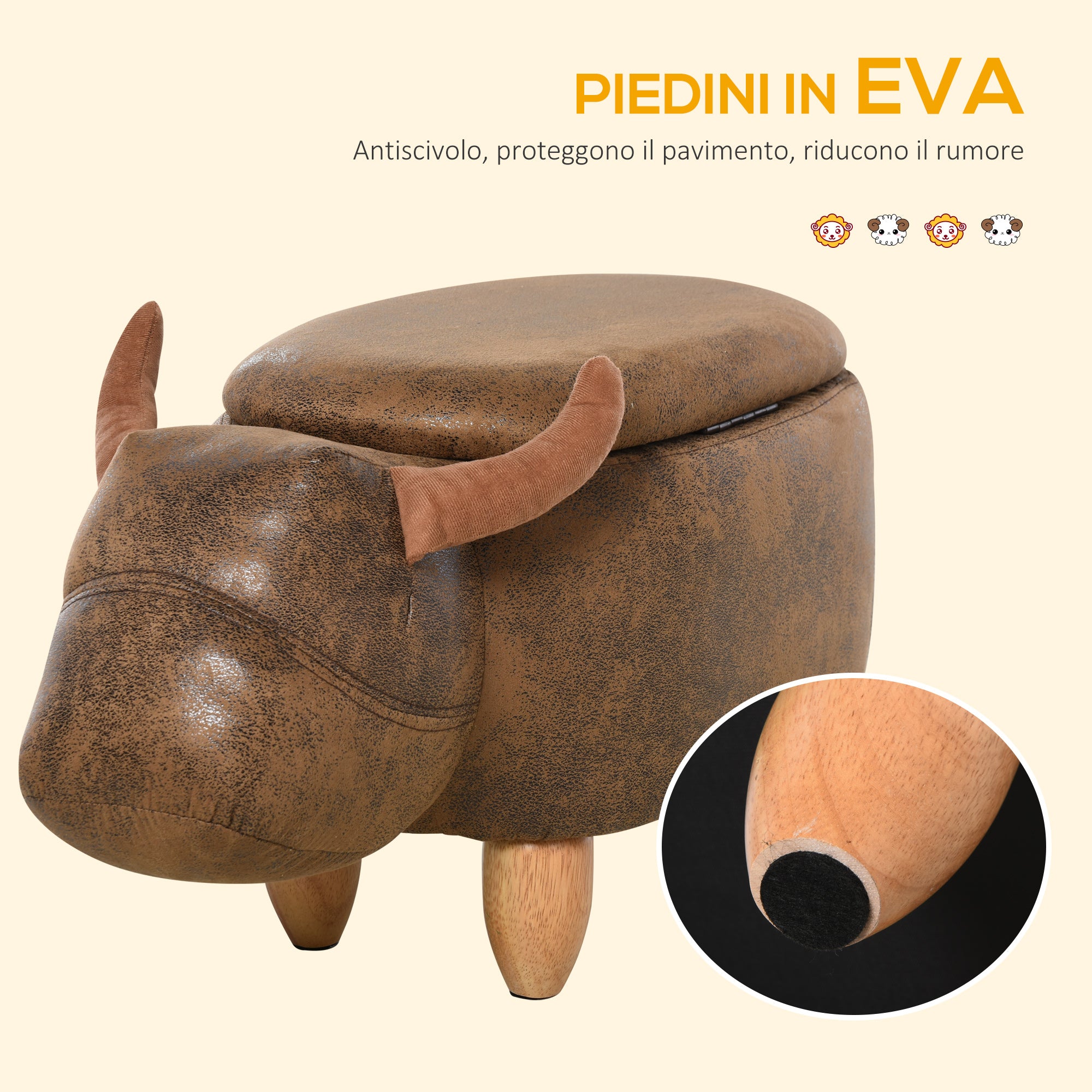 Buffalo-Shaped Storage Ottoman, Modern Footstool for Living Room, Upholstered Seat, Wooden Frame, 62x35x36cm, Brown