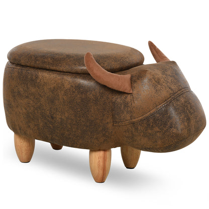 Buffalo-Shaped Storage Ottoman, Modern Footstool for Living Room, Upholstered Seat, Wooden Frame, 62x35x36cm, Brown