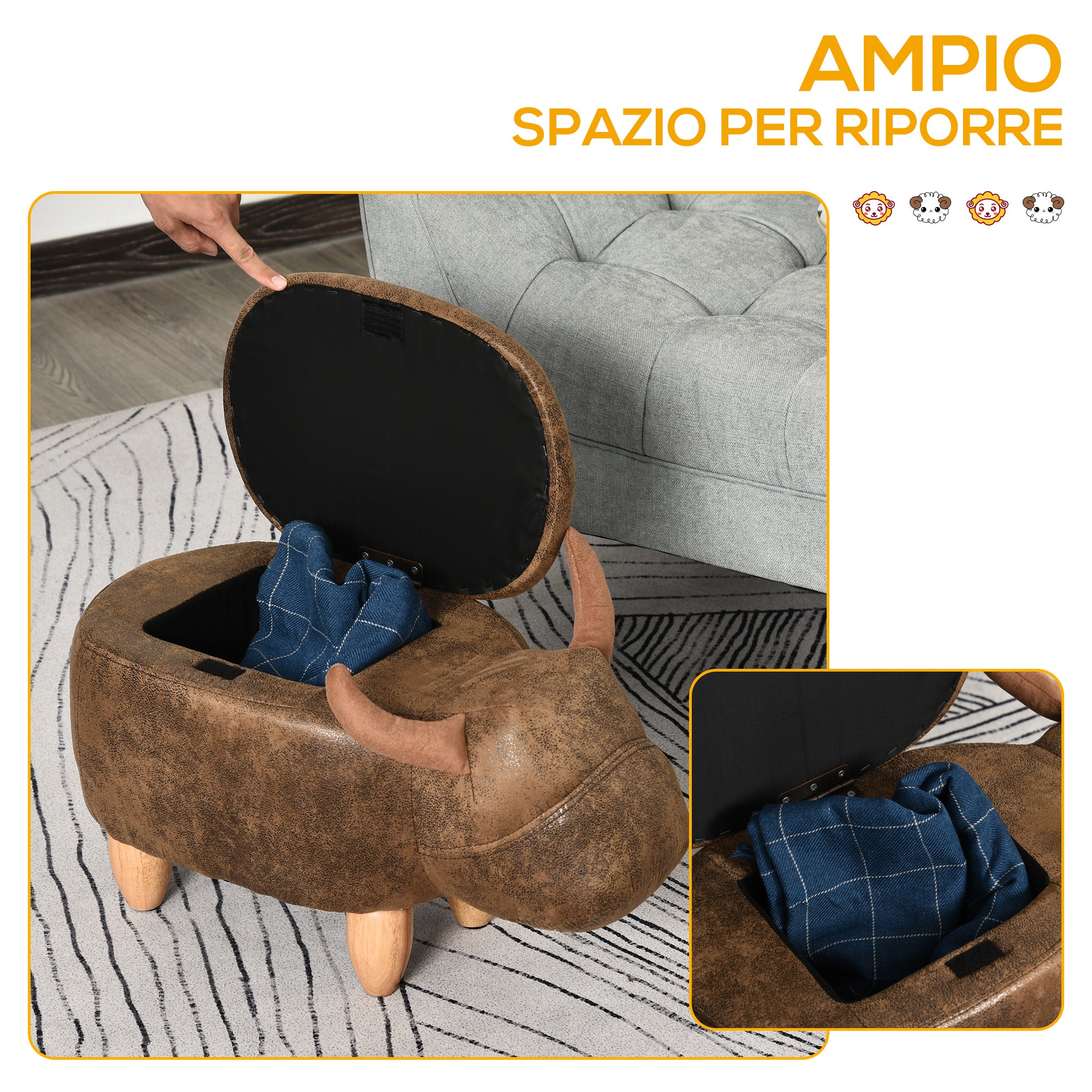 Buffalo-Shaped Storage Ottoman, Modern Footstool for Living Room, Upholstered Seat, Wooden Frame, 62x35x36cm, Brown