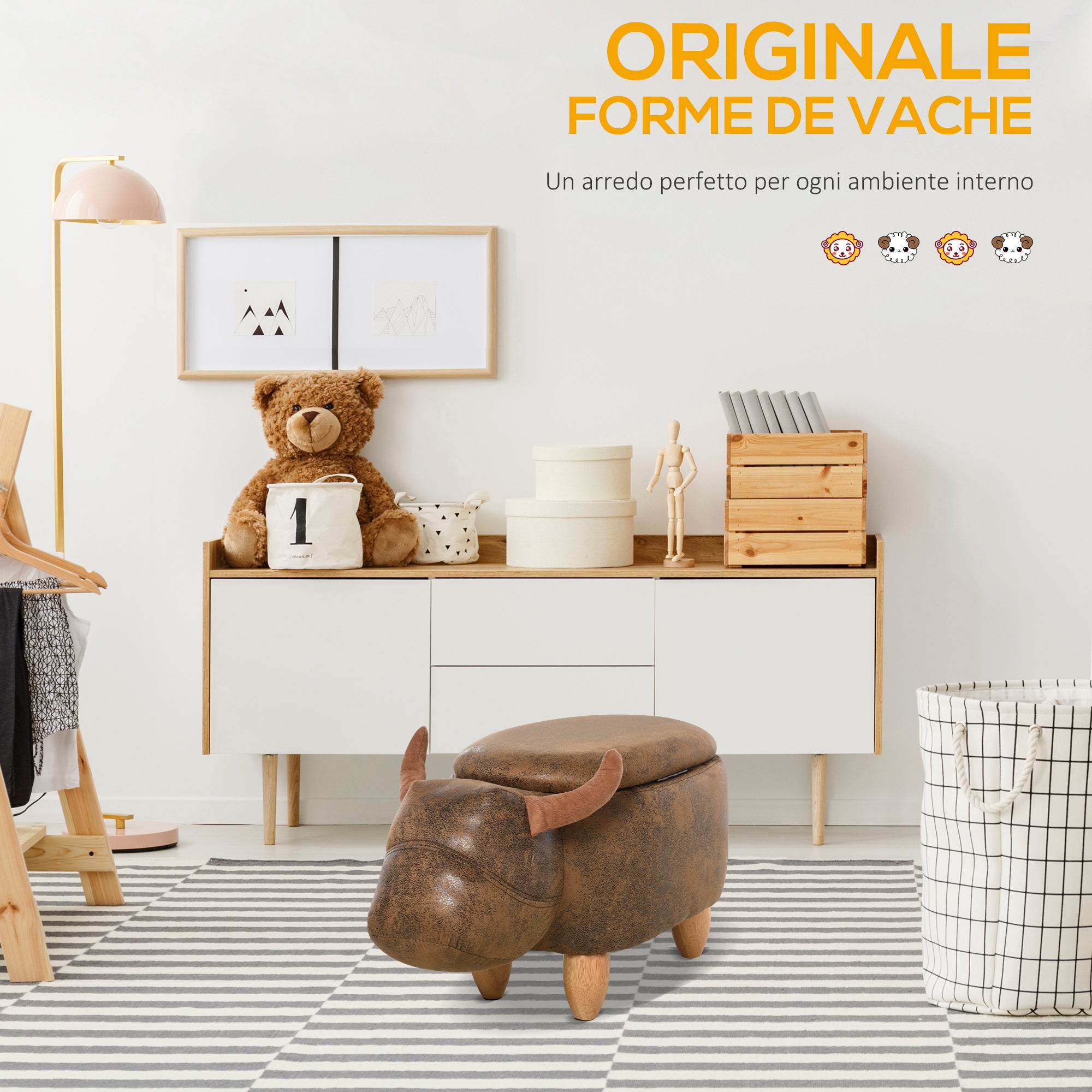 Buffalo-Shaped Storage Ottoman, Modern Footstool for Living Room, Upholstered Seat, Wooden Frame, 62x35x36cm, Brown