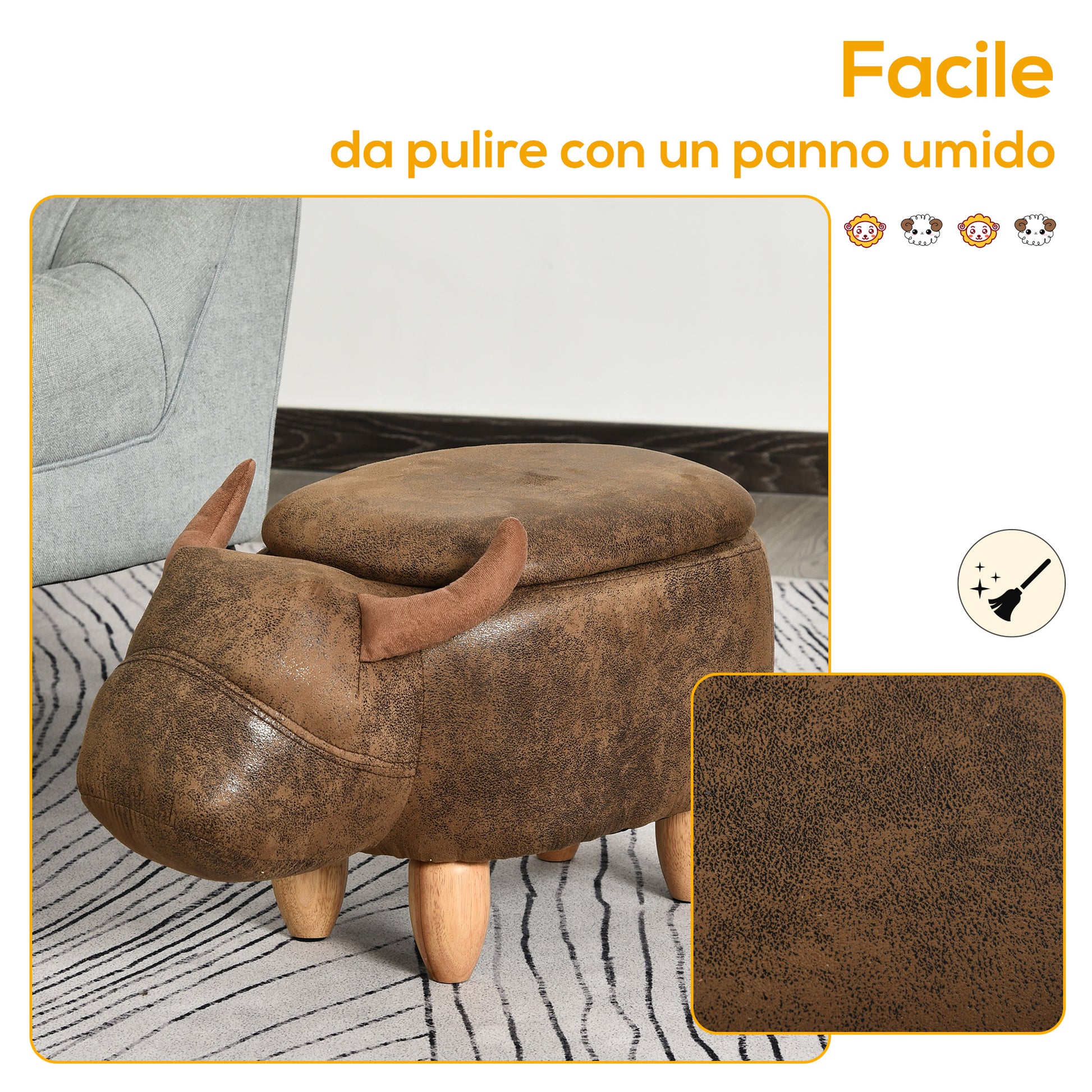 Buffalo-Shaped Storage Ottoman, Modern Footstool for Living Room, Upholstered Seat, Wooden Frame, 62x35x36cm, Brown