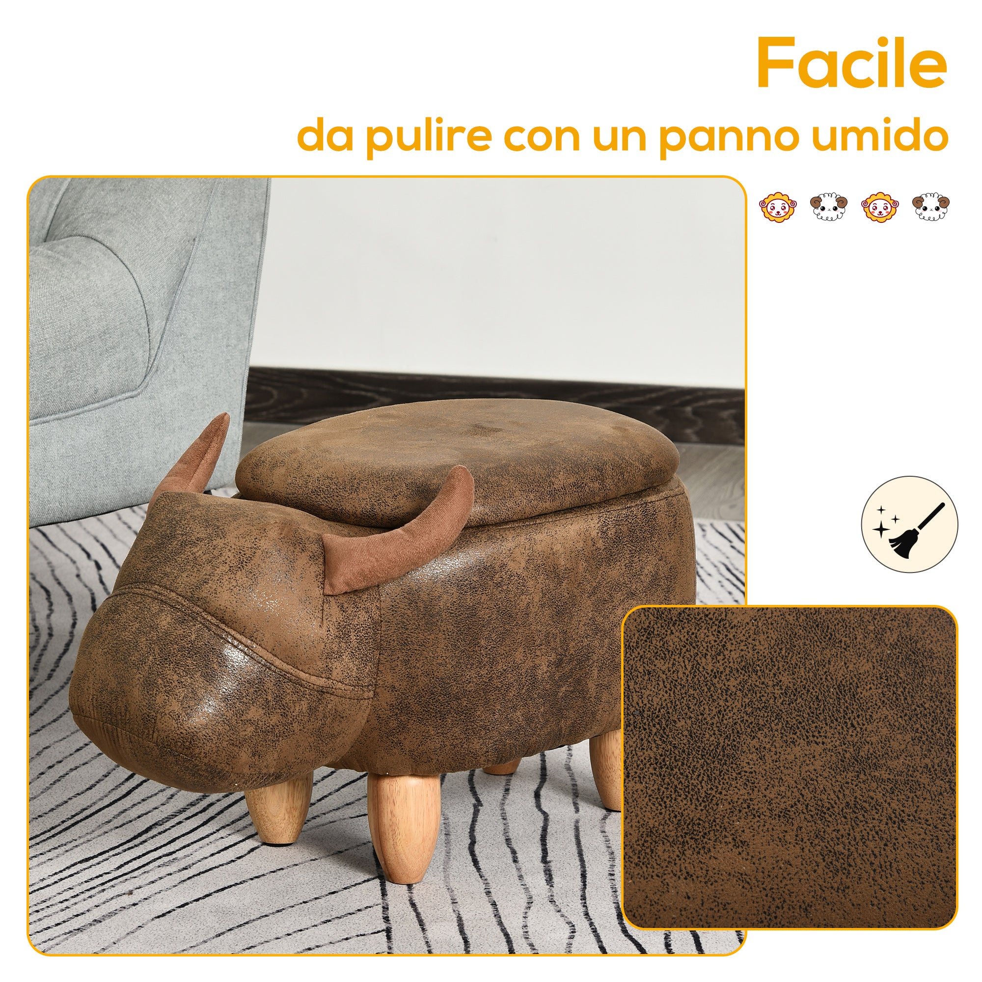 Buffalo-Shaped Storage Ottoman, Modern Footstool for Living Room, Upholstered Seat, Wooden Frame, 62x35x36cm, Brown