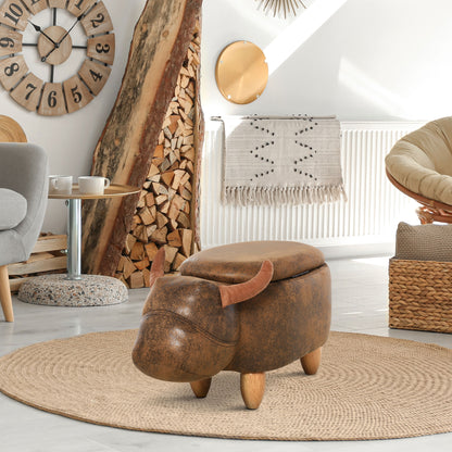 Buffalo-Shaped Storage Ottoman, Modern Footstool for Living Room, Upholstered Seat, Wooden Frame, 62x35x36cm, Brown