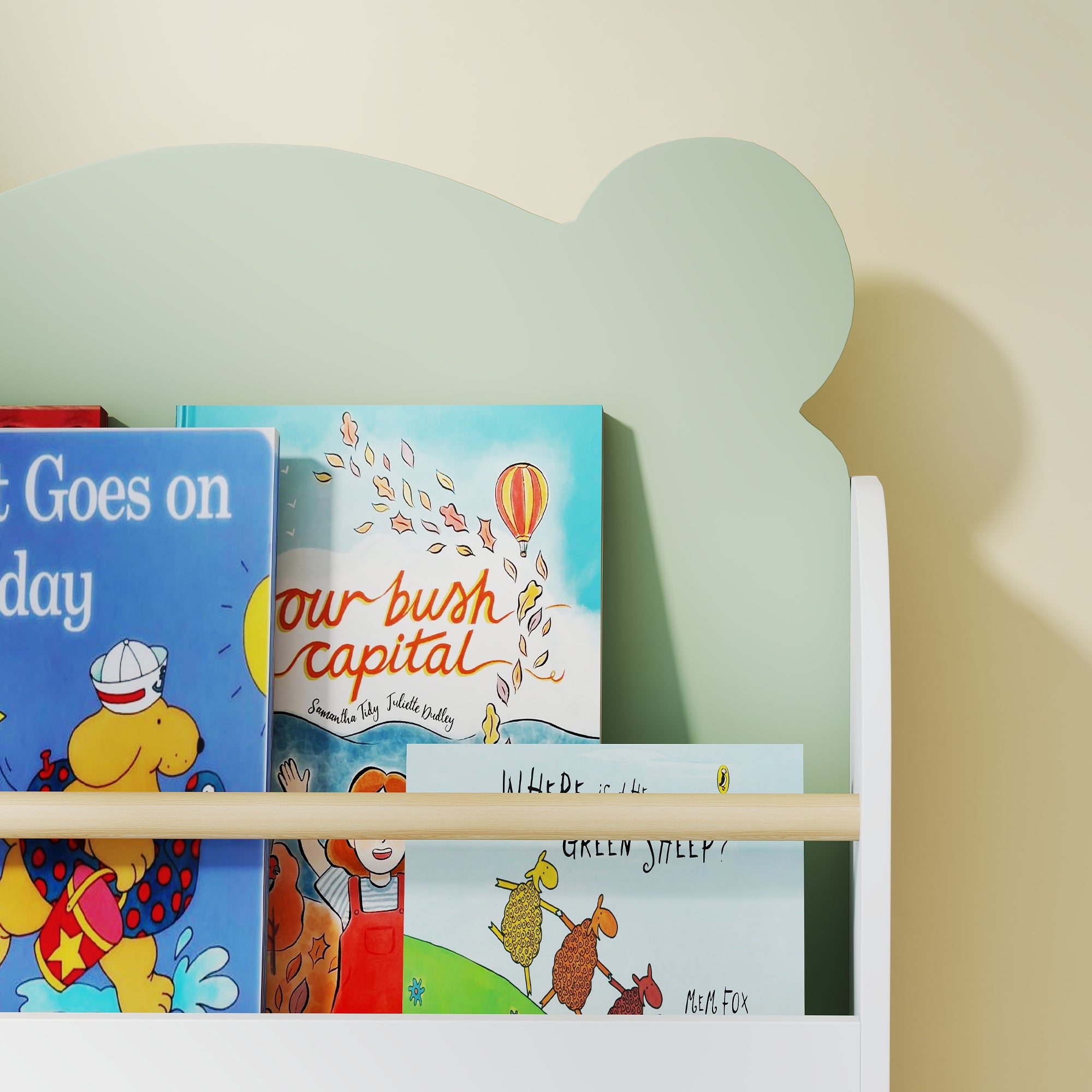 Children's Bookcase, 3-Tier Bear-Themed Toy & Book Shelf for Kids' Room, 21.7 x 5.9 x 43.3 in (55 x 15 x 110 cm), Green