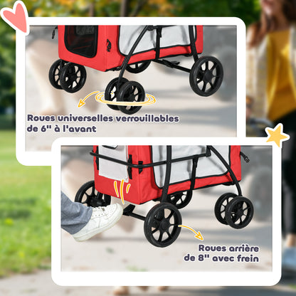 Foldable Pet Stroller for Dogs and Cats, Removable Bassinet, 4-Wheel with Brake, 600D Oxford Fabric 81 x 58 x 97.5 cm Red