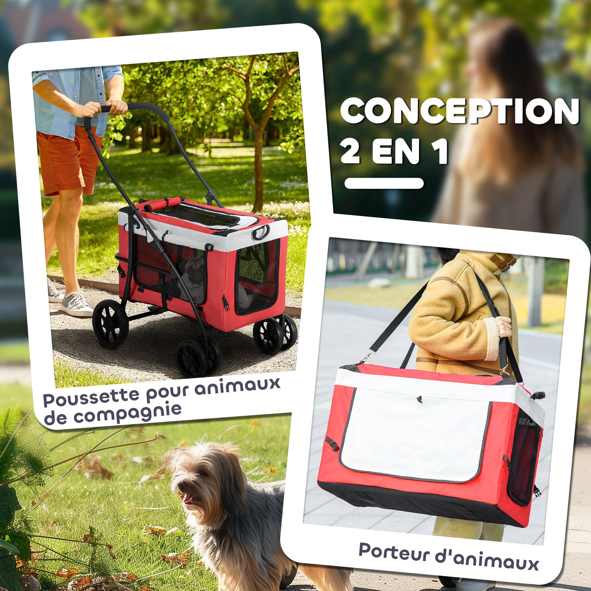 Foldable Pet Stroller for Dogs and Cats, Removable Bassinet, 4-Wheel with Brake, 600D Oxford Fabric 81 x 58 x 97.5 cm Red