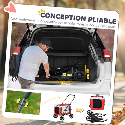 Foldable Pet Stroller for Dogs and Cats, Removable Bassinet, 4-Wheel with Brake, 600D Oxford Fabric 81 x 58 x 97.5 cm Red