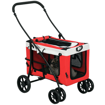Foldable Pet Stroller for Dogs and Cats, Removable Bassinet, 4-Wheel with Brake, 600D Oxford Fabric 81 x 58 x 97.5 cm Red