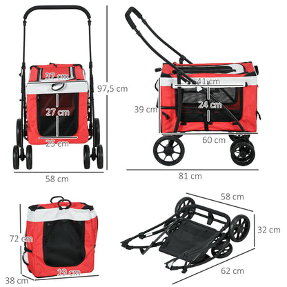 Foldable Pet Stroller for Dogs and Cats, Removable Bassinet, 4-Wheel with Brake, 600D Oxford Fabric 81 x 58 x 97.5 cm Red
