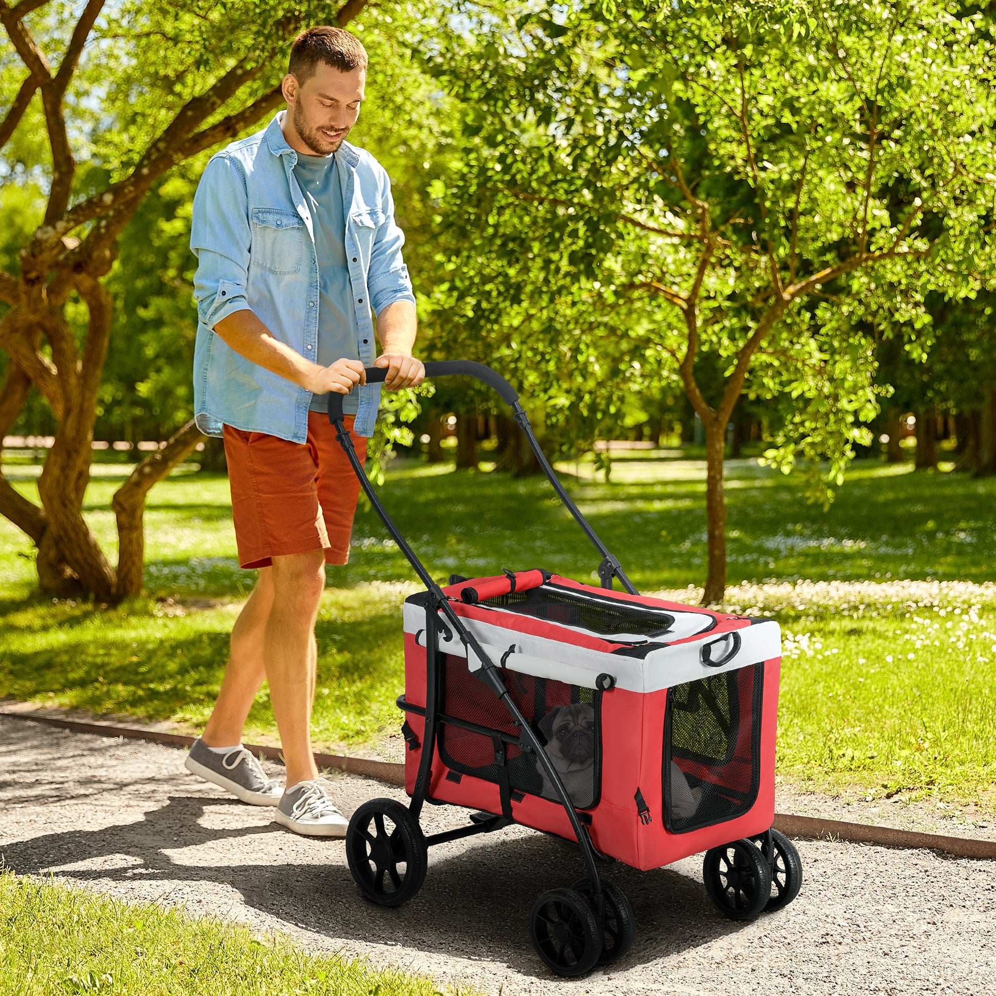Foldable Pet Stroller for Dogs and Cats, Removable Bassinet, 4-Wheel with Brake, 600D Oxford Fabric 81 x 58 x 97.5 cm Red
