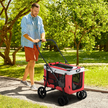 Foldable Pet Stroller for Dogs and Cats, Removable Bassinet, 4-Wheel with Brake, 600D Oxford Fabric 81 x 58 x 97.5 cm Red
