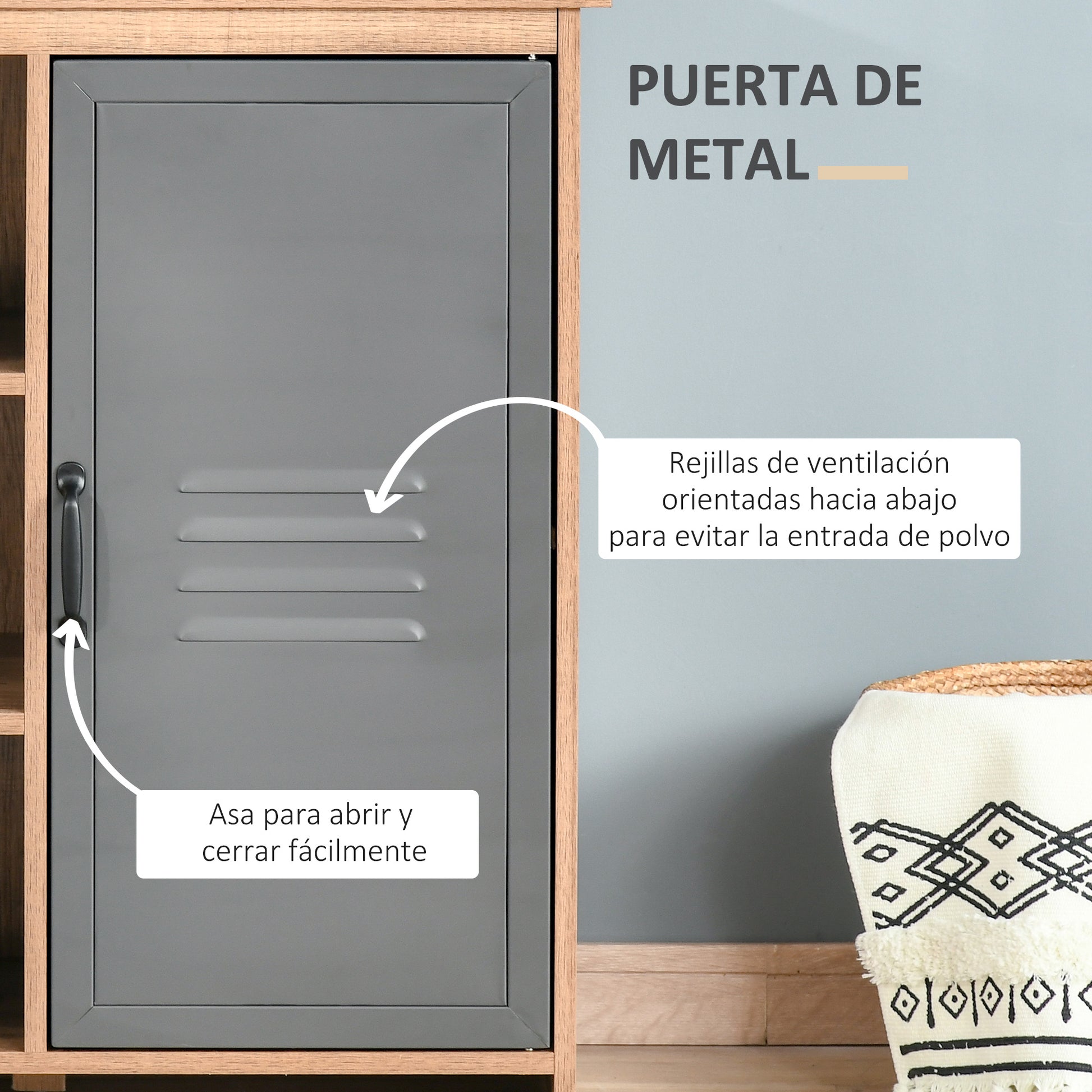Sideboard with Metal Door Auxiliary Furniture with 3 Open Shelves and Cabinet with Door and Adjustable Shelf for Living Room Kitchen 80x35x82 cm Natural Wood