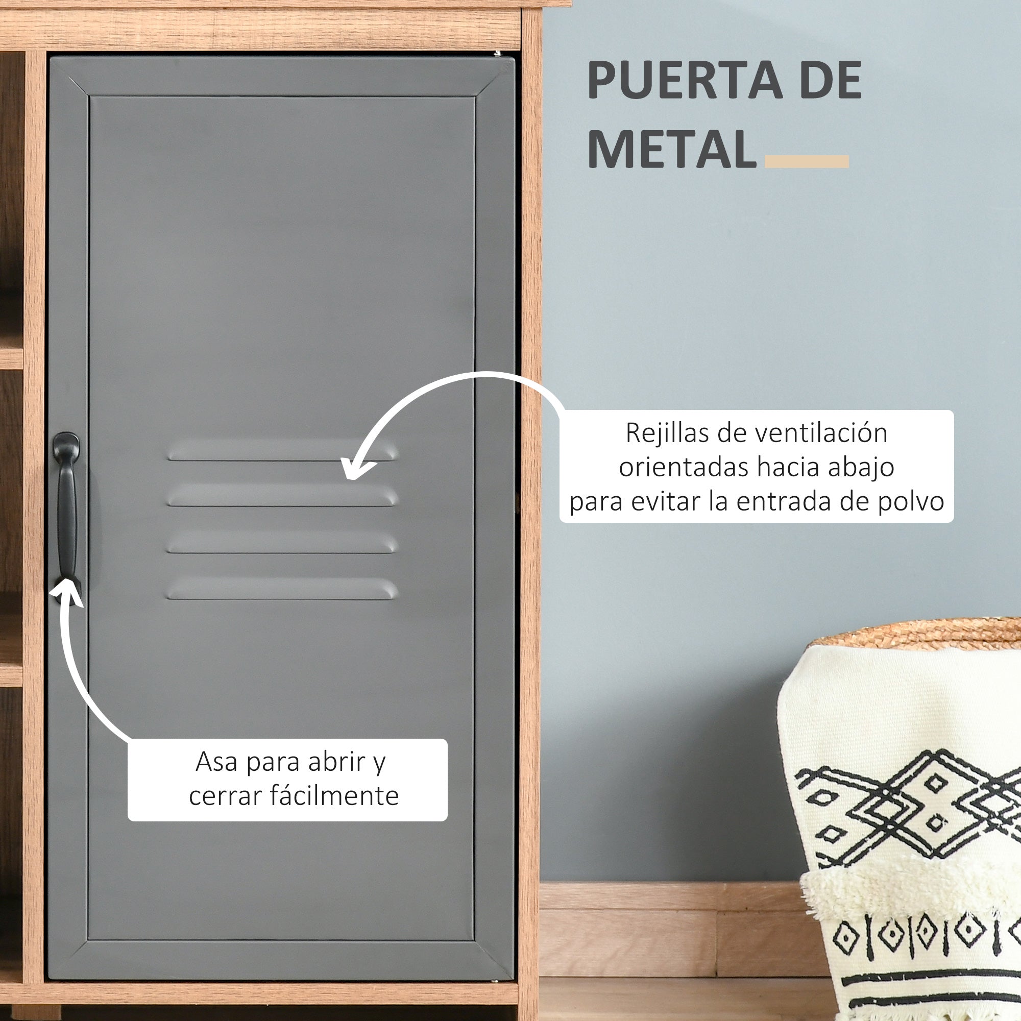 Sideboard with Metal Door Auxiliary Furniture with 3 Open Shelves and Cabinet with Door and Adjustable Shelf for Living Room Kitchen 80x35x82 cm Natural Wood