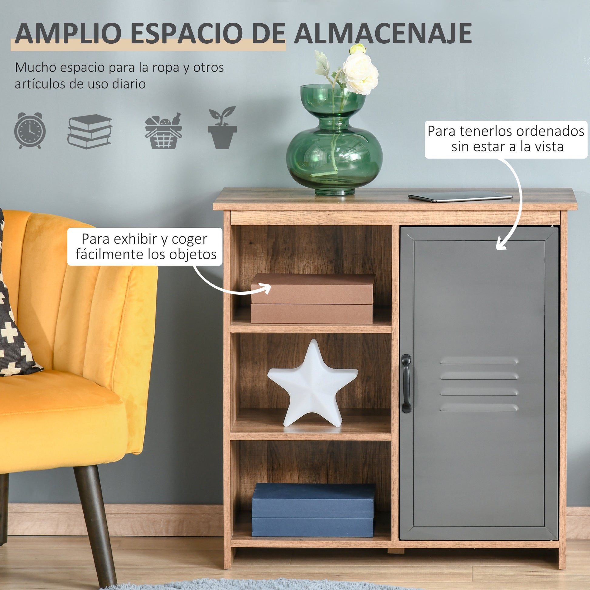 Sideboard with Metal Door Auxiliary Furniture with 3 Open Shelves and Cabinet with Door and Adjustable Shelf for Living Room Kitchen 80x35x82 cm Natural Wood