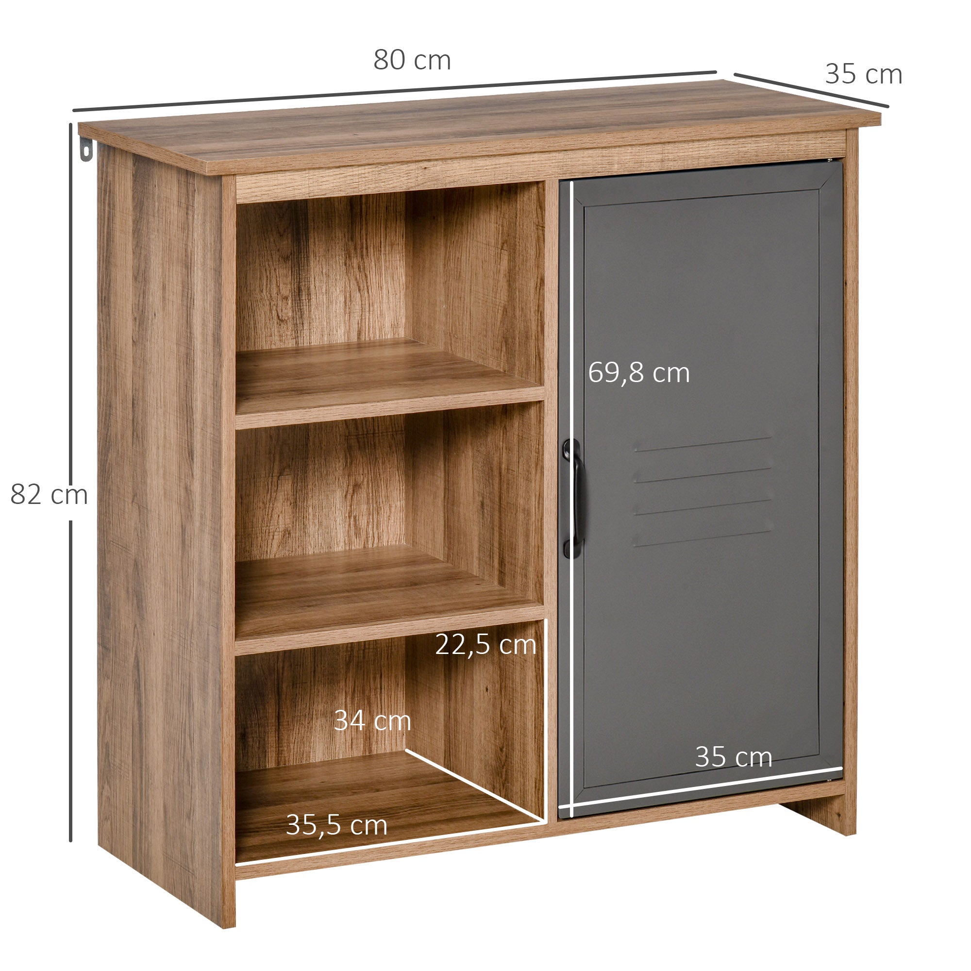 Sideboard with Metal Door Auxiliary Furniture with 3 Open Shelves and Cabinet with Door and Adjustable Shelf for Living Room Kitchen 80x35x82 cm Natural Wood