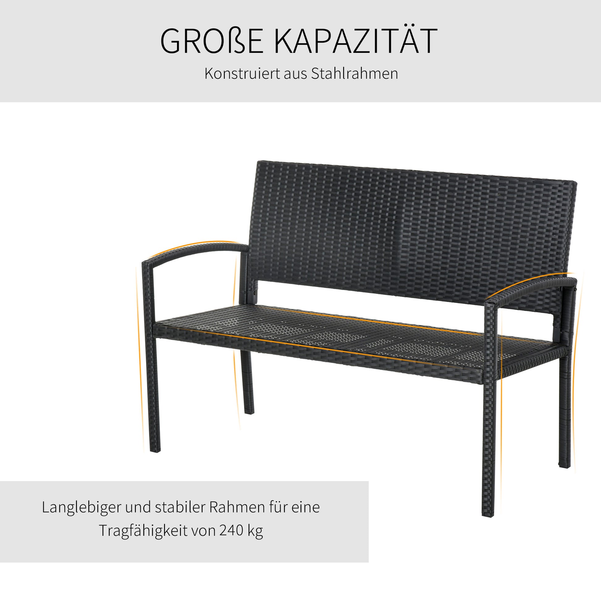 Poly Rattan Garden Bench 2-Seater UV-Resistant Bench with Ergonomic Armrests Backrest Garden Furniture Park Bench up to 240kg Load Capacity Patio Bench for Garden Terrace, 122x60x85cm, Black