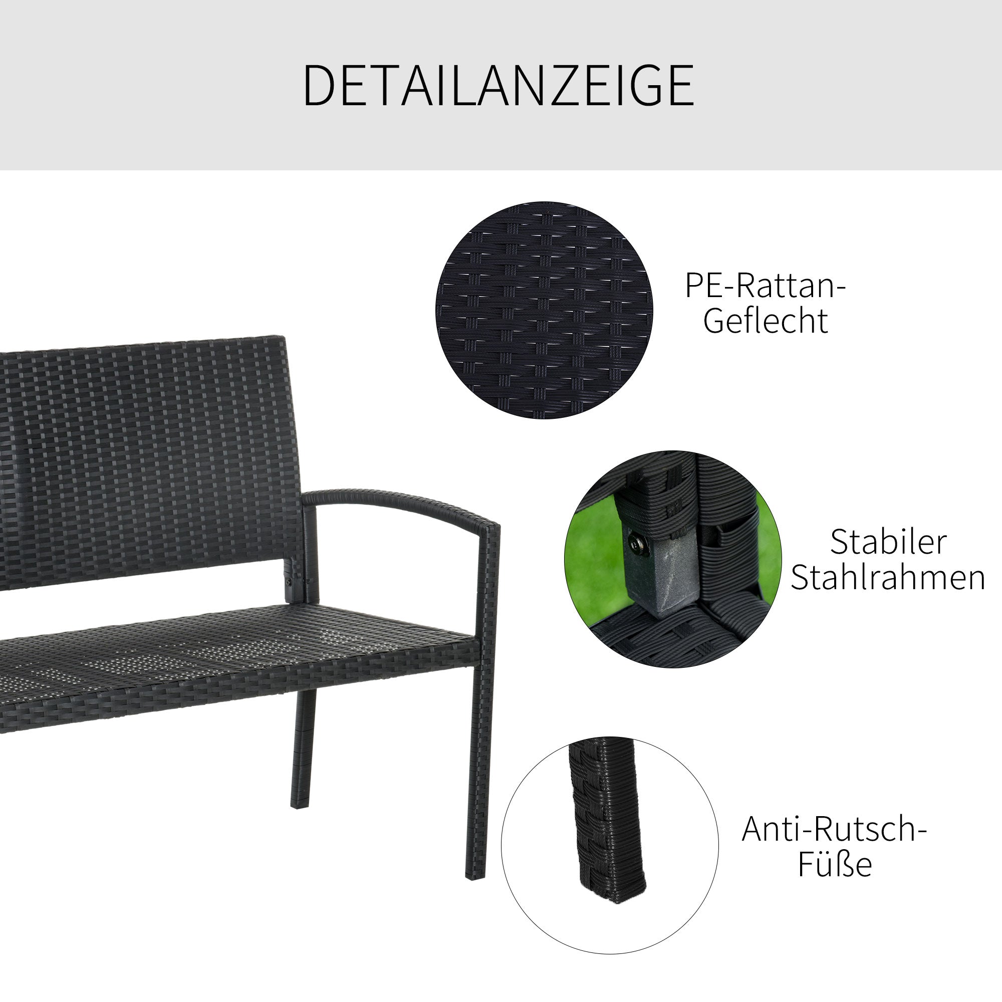 Poly Rattan Garden Bench 2-Seater UV-Resistant Bench with Ergonomic Armrests Backrest Garden Furniture Park Bench up to 240kg Load Capacity Patio Bench for Garden Terrace, 122x60x85cm, Black
