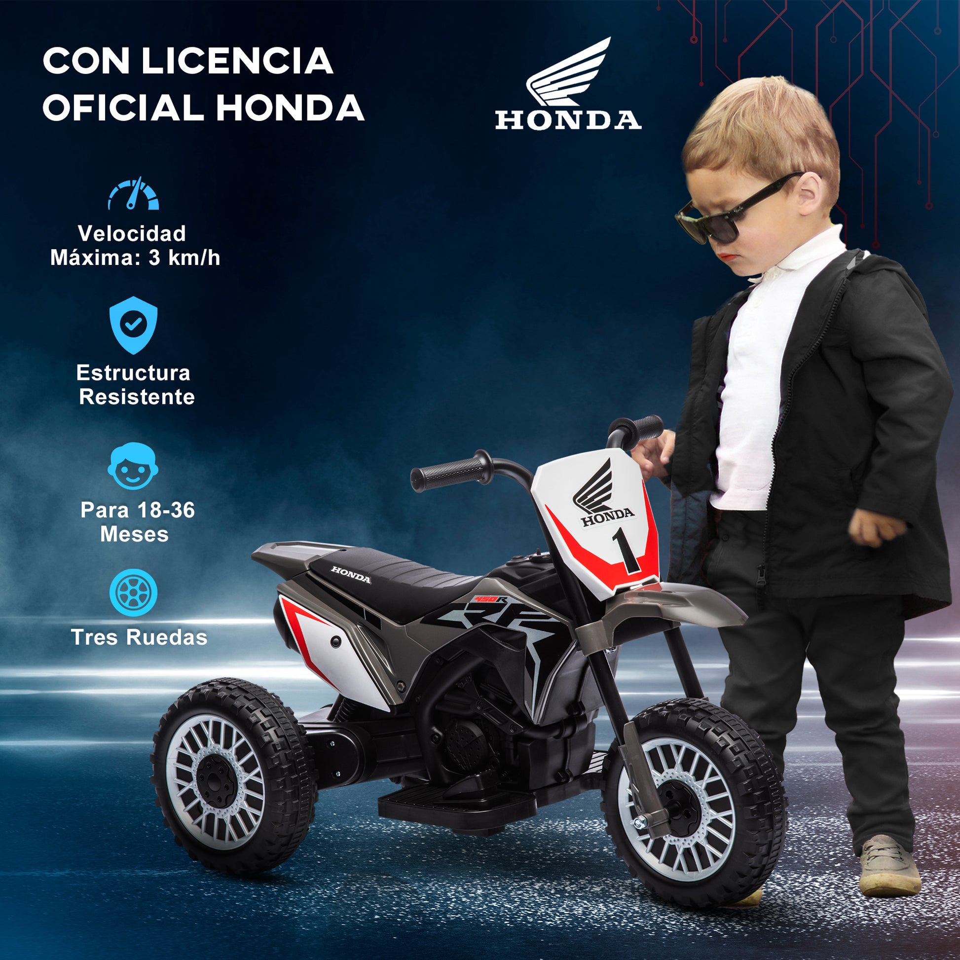 Honda CRF450RL Licensed Electric Motorcycle for Kids 18+ Months 6V Battery-Powered Motorbike with 3 km/h Speed Horn and Start Sound Load 25 kg 71x40.5x43.5 cm Gray