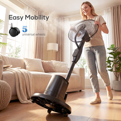 Quiet Misting Pedestal Fan — 90W, 128 cm (50.4") Height, 70° Oscillation, 3 Speeds & 3 Modes, 3.5 L Tank, Remote, 8-Hour Timer — Black